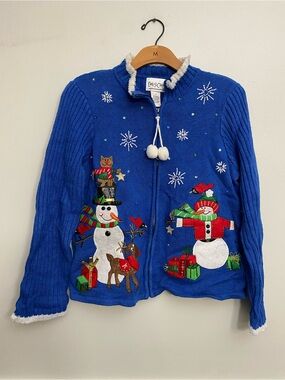 Vintage Cat Snowman Christmas Cardigan Sweater - S